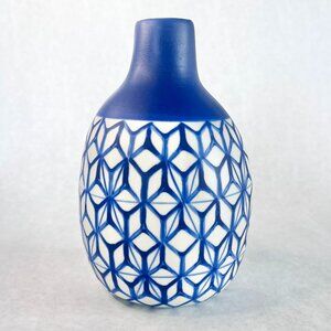 Vintage Artisan De Luxe Home Boho Thai Vase Royal Blue Geometric Print 7”